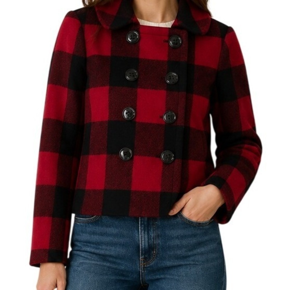J.Crew Red Black Buffalo Check Wool Cropped Peacoat Jacket Women's 0